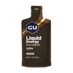 GU Liquid Energy coffee flavored gel packet, brown packaging with curved tan stripes