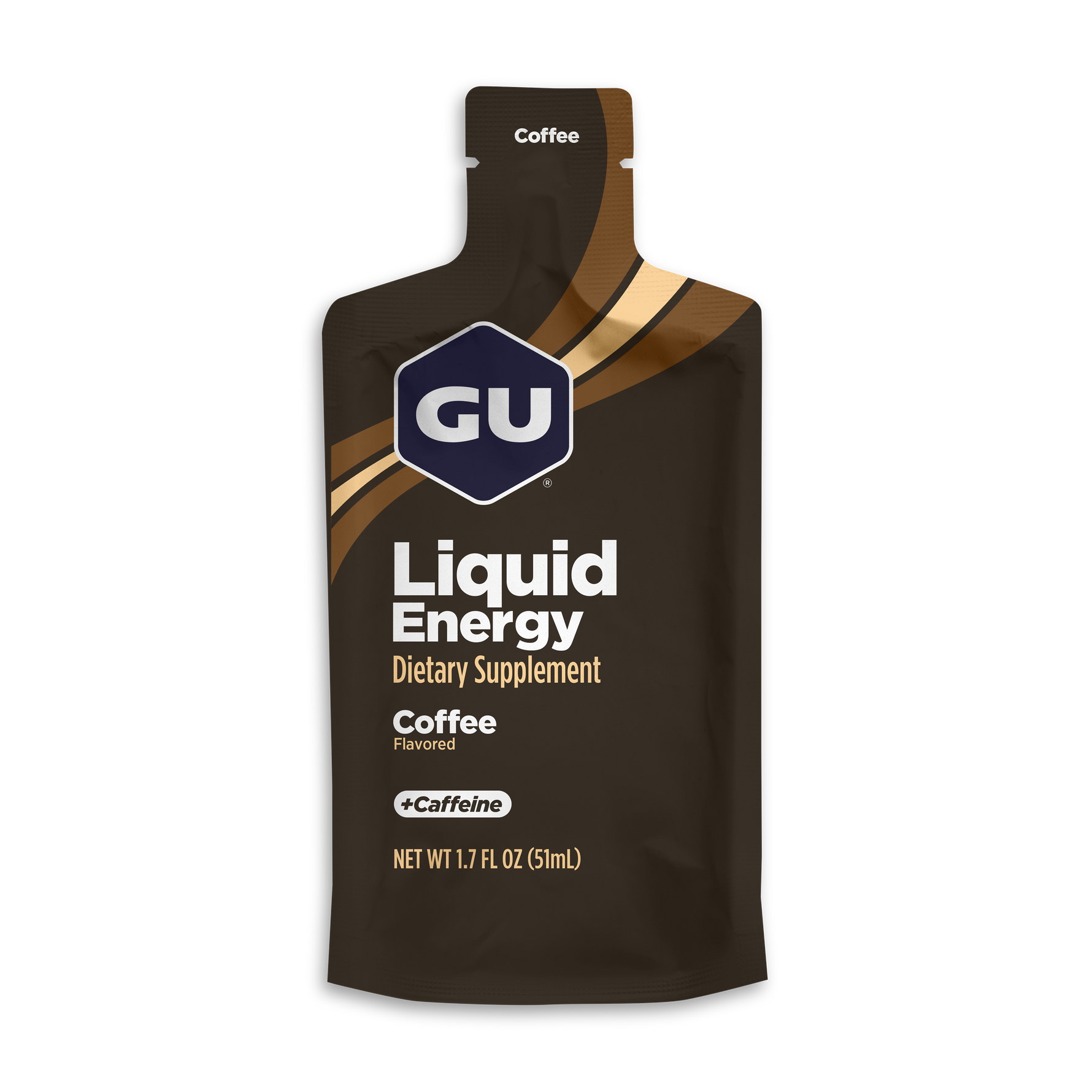 GU Liquid Energy coffee flavored gel packet, brown packaging with curved tan stripes
