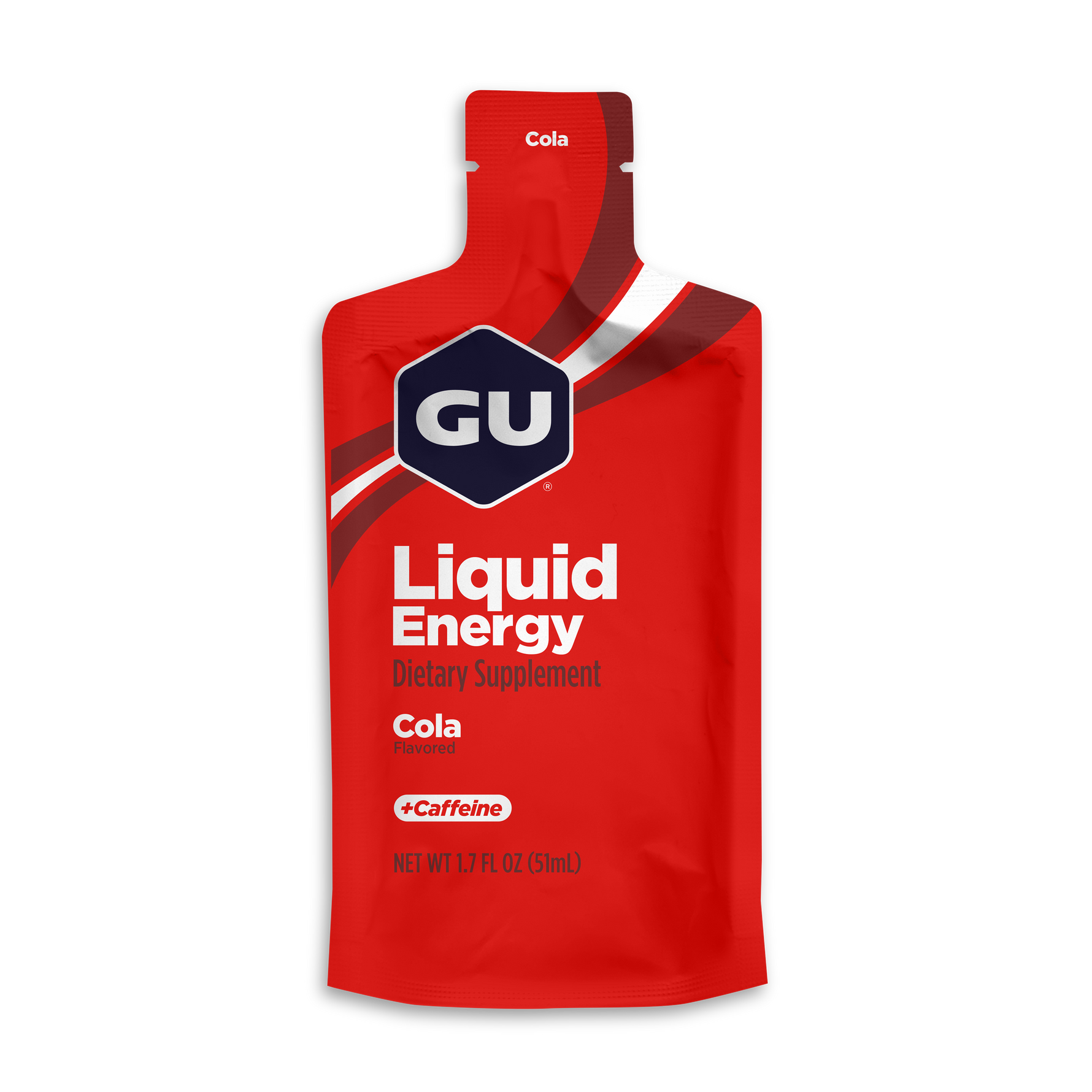 GU Liquid Energy cola flavored dietary supplement packet in red packaging