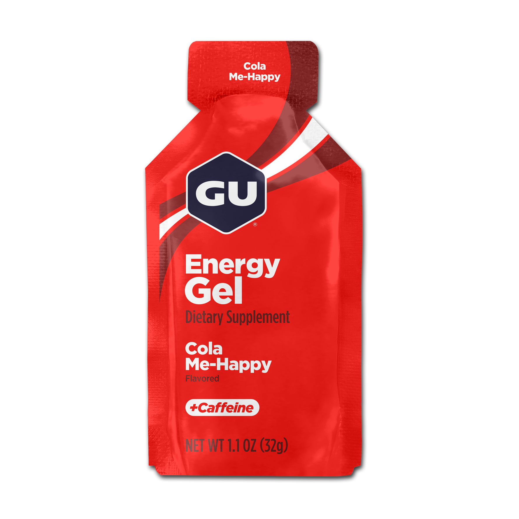 GU Energy Gel Cola Me-Happy flavored dietary supplement with caffeine in red packaging