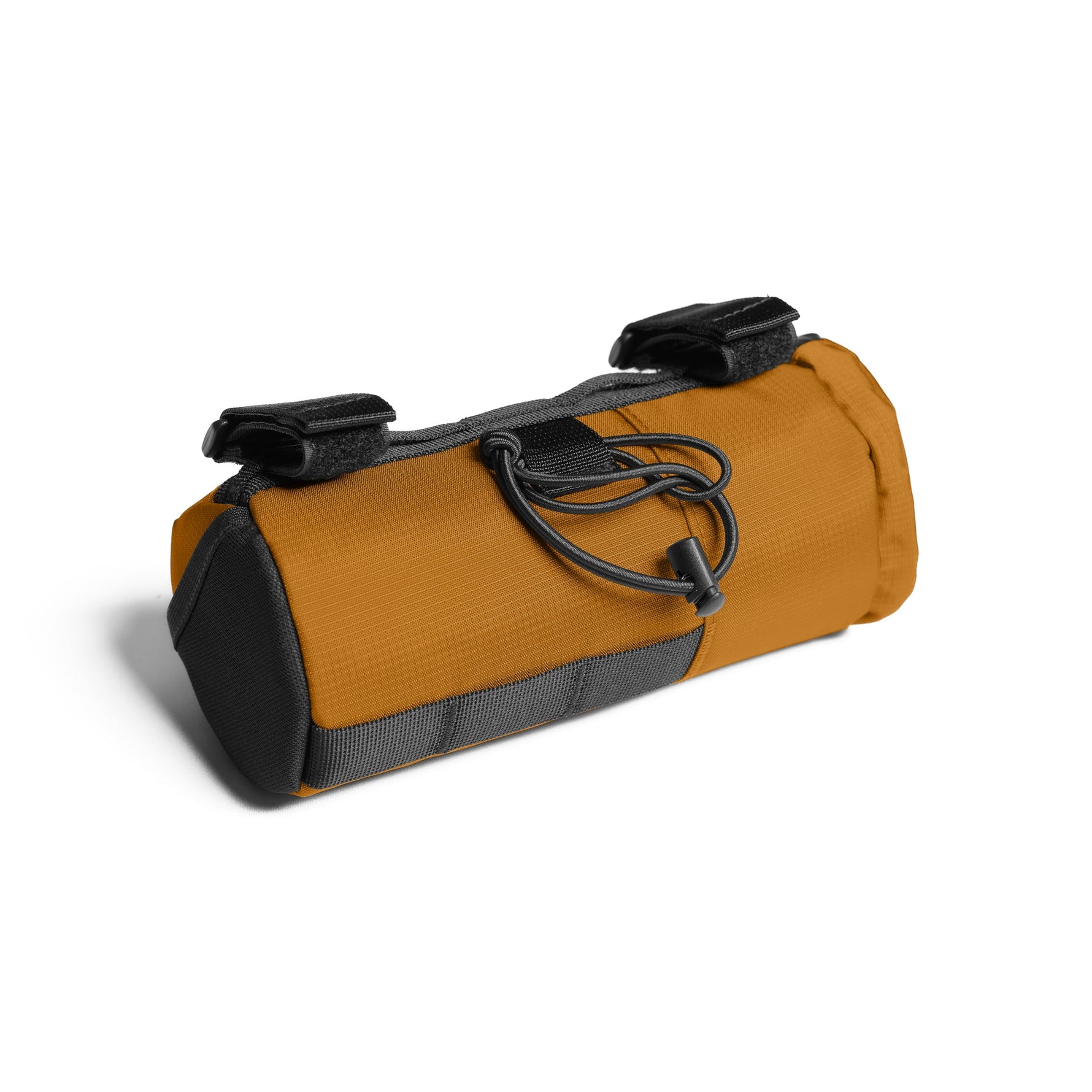 Orange Almsthre Compact Bar Bag with black straps and mounting hardware on white background