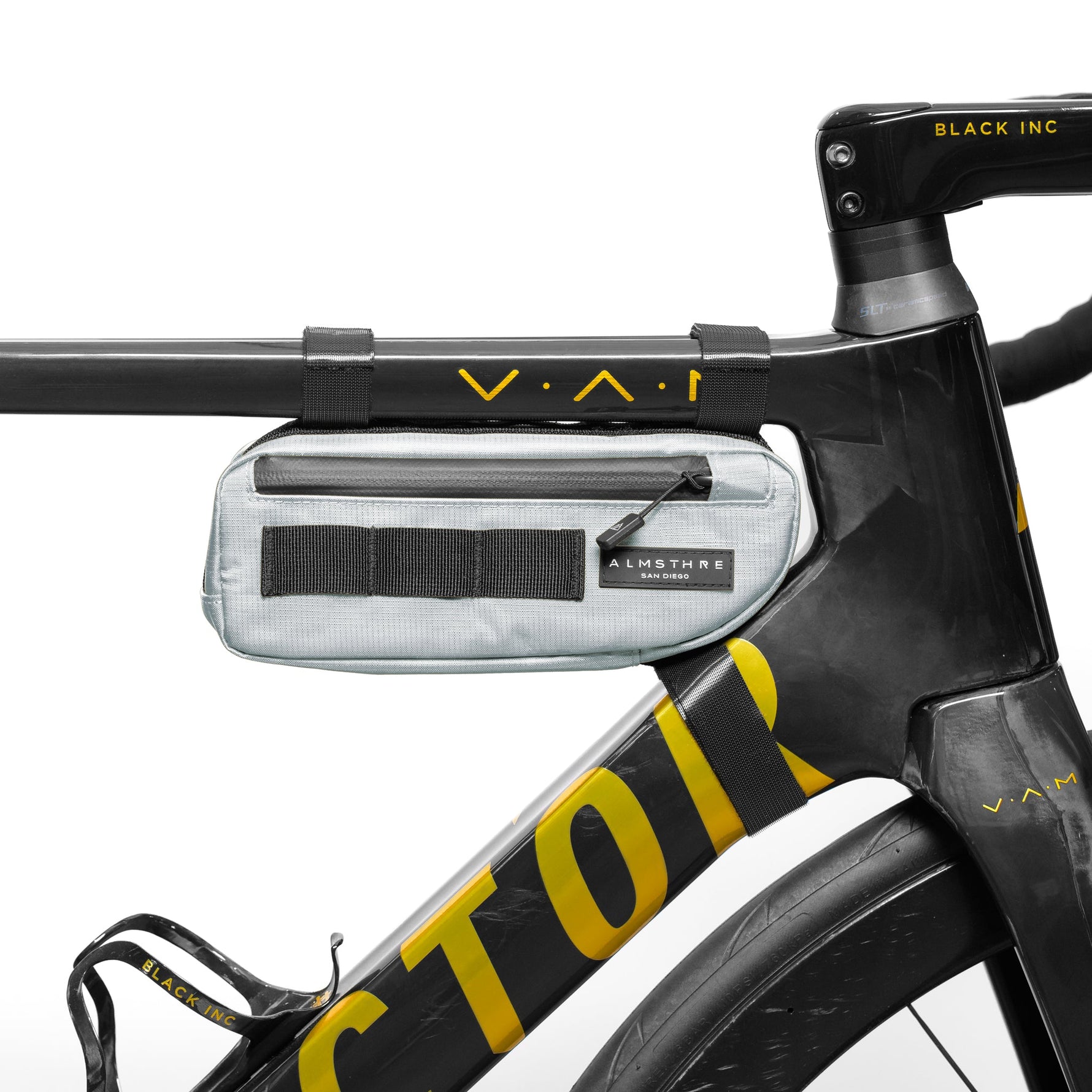 ALMSTHRE compact frame bag in light gray mounted on black bicycle frame
