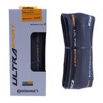 Continental Ultra Sport III folding tire in black with blue sidewall accents and packaging