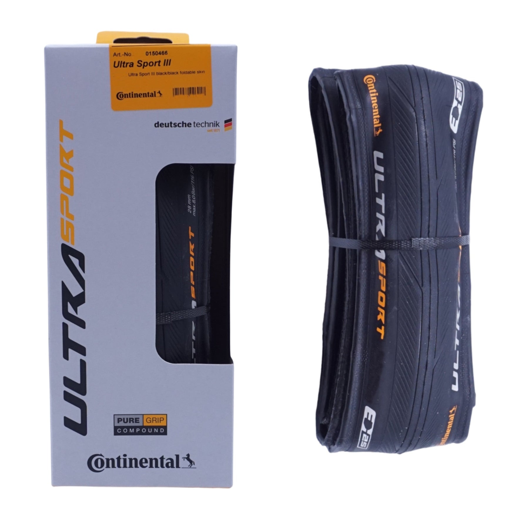 Continental Ultra Sport III folding tire in black with blue sidewall accents and packaging