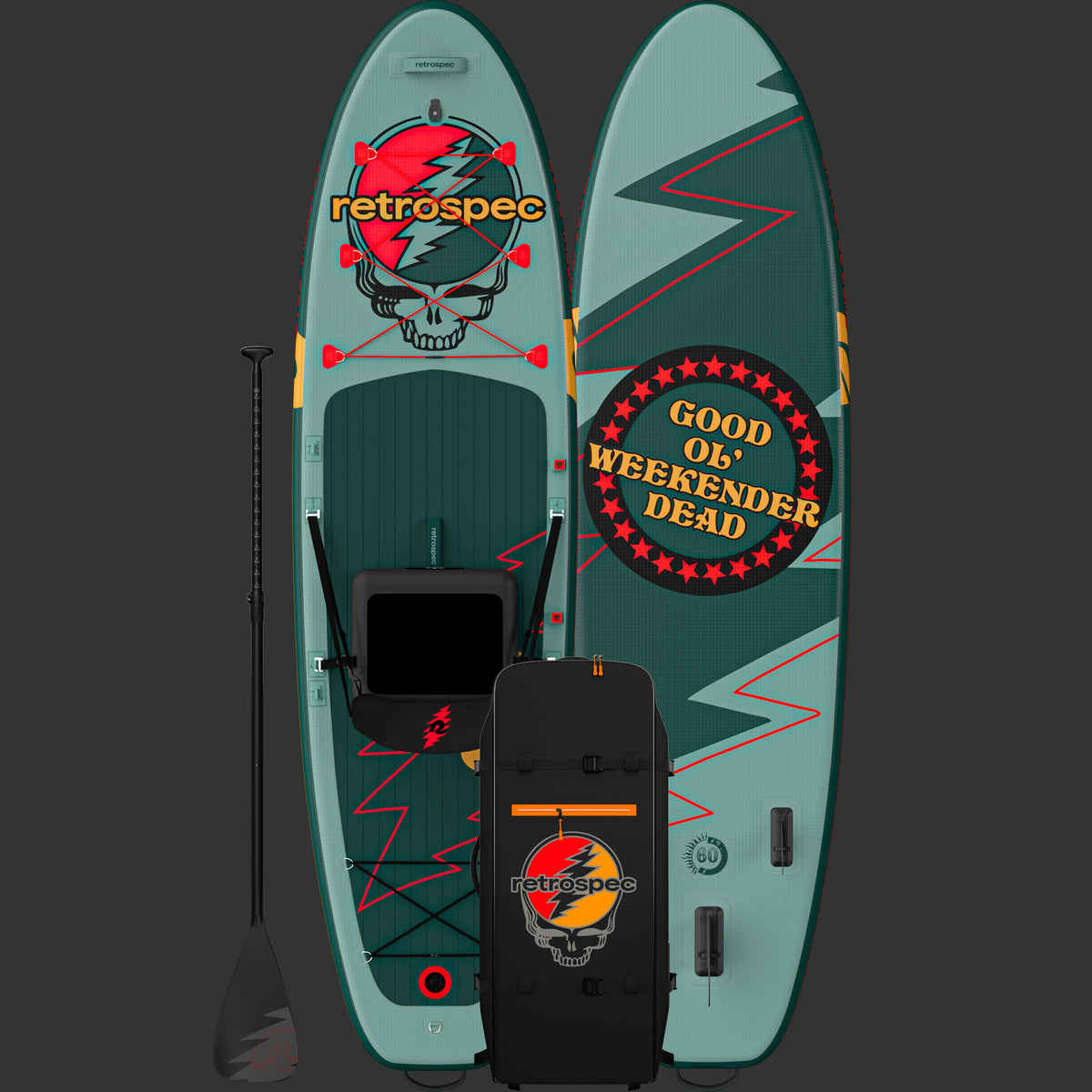 Retrospec Weekender Plus inflatable SUP kayak hybrid in teal with Grateful Dead skull graphics and accessories