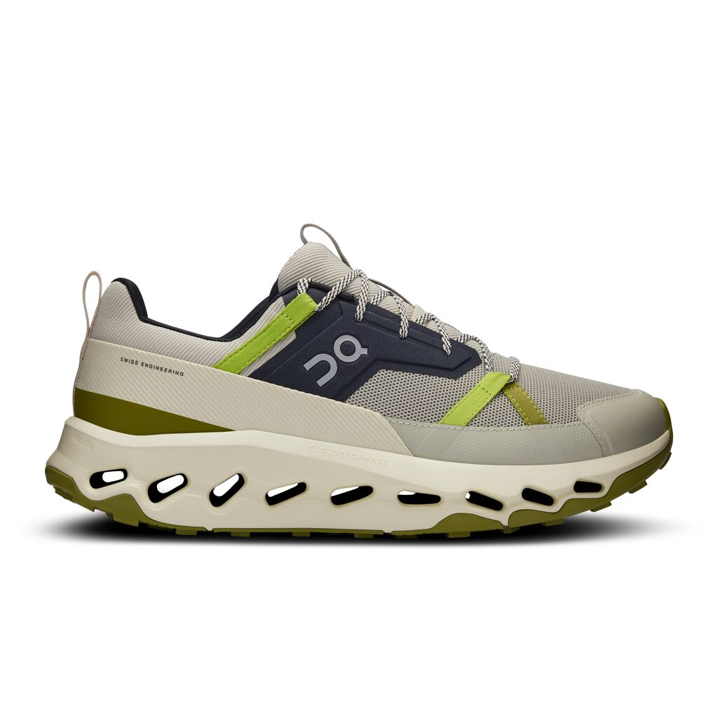On Cloudhorizon men's running shoe in chalk beige with green accents and signature CloudTec sole