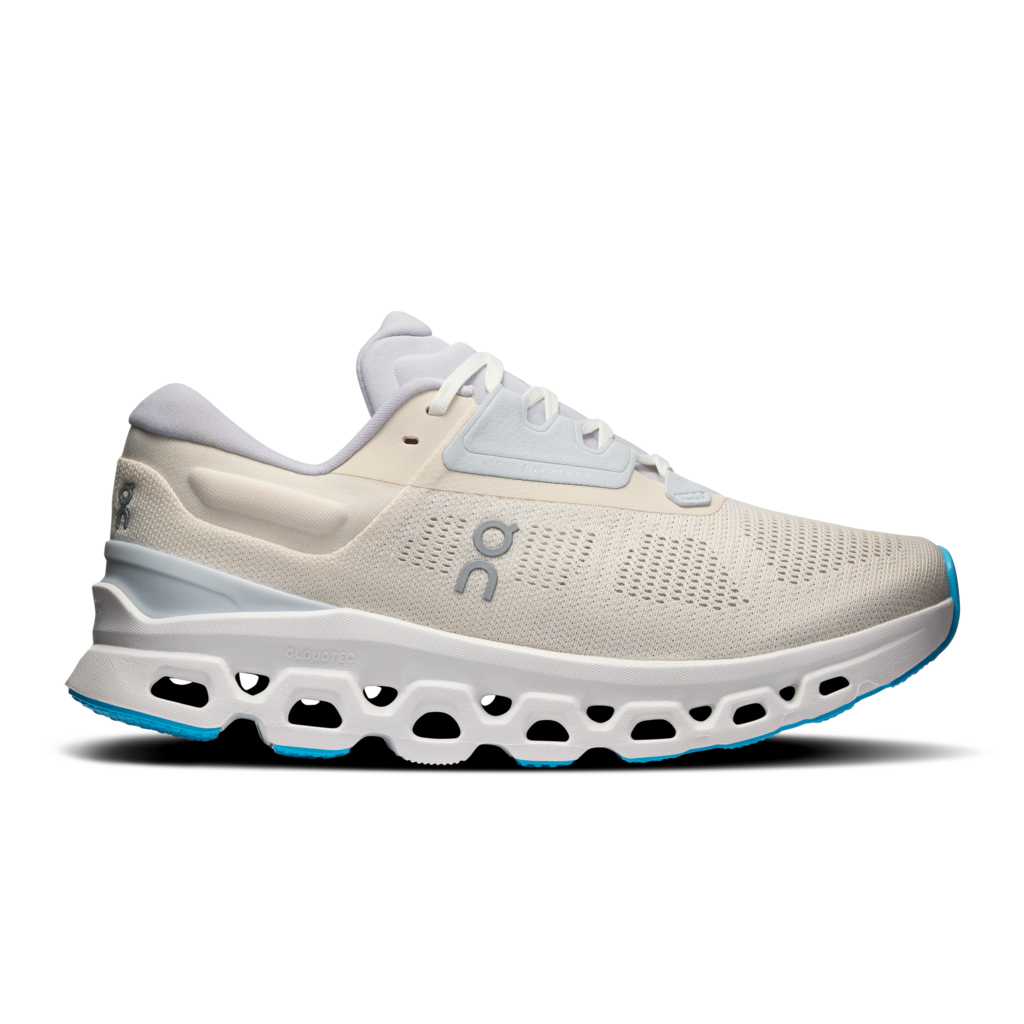 On Cloudstratus 3 women's running shoe in cream and arctic colorway with distinctive cloud sole