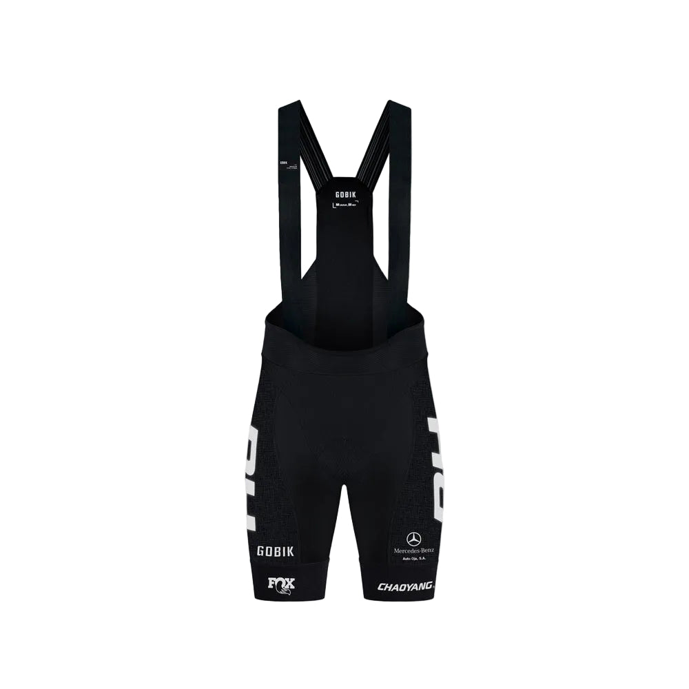 Black Gobik Absolute 6.0 men's cycling bib shorts with suspenders and sponsor logos