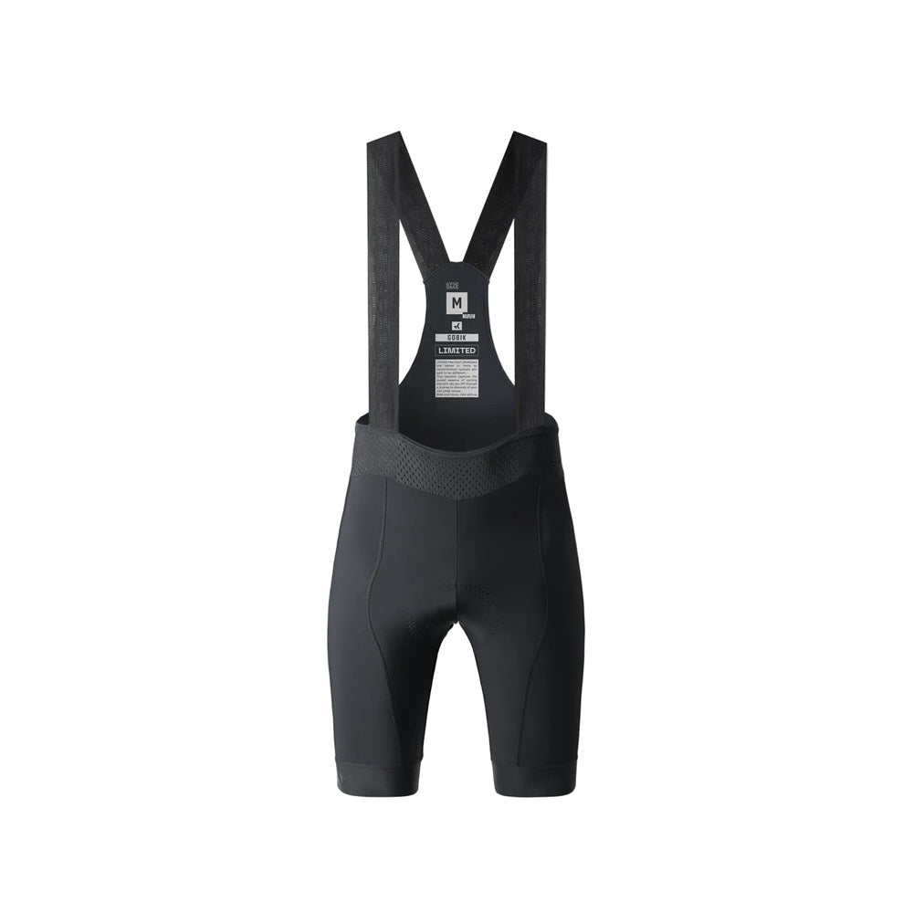Gobik Limited black cycling bib shorts with suspenders on clean background