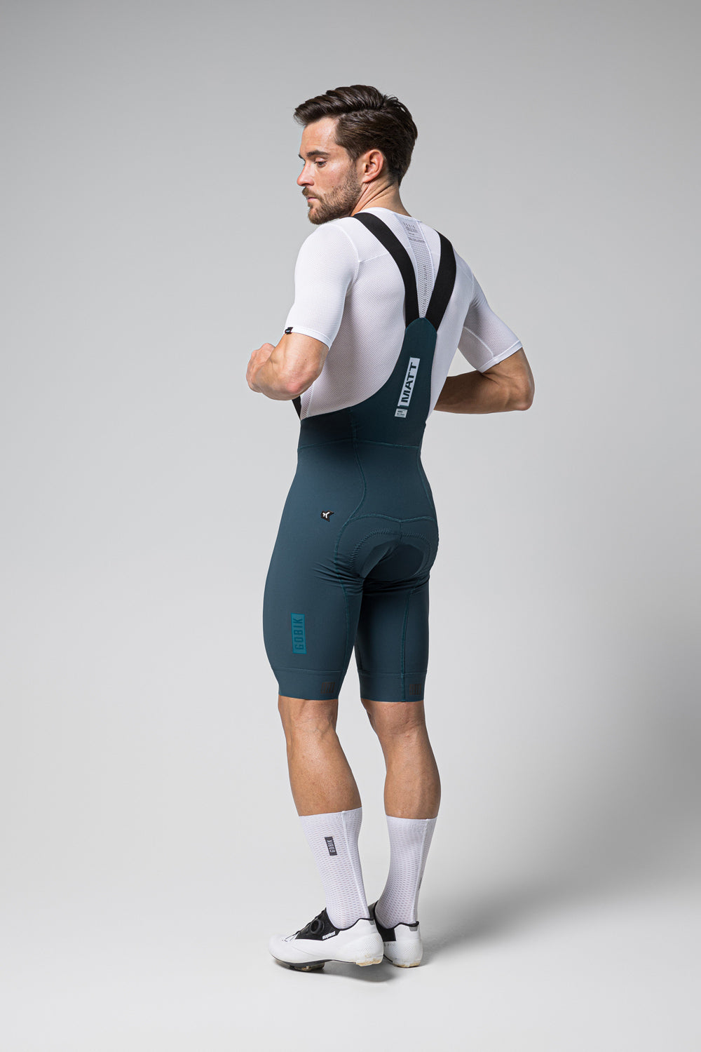 Gobik Matt 2.0 Men's Bib Shorts in Corsair color with suspenders back view