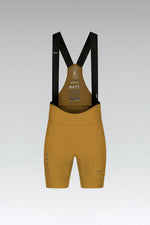 Gobik Matt Compact Men's Bibshorts in turmeric yellow with black shoulder straps on white background