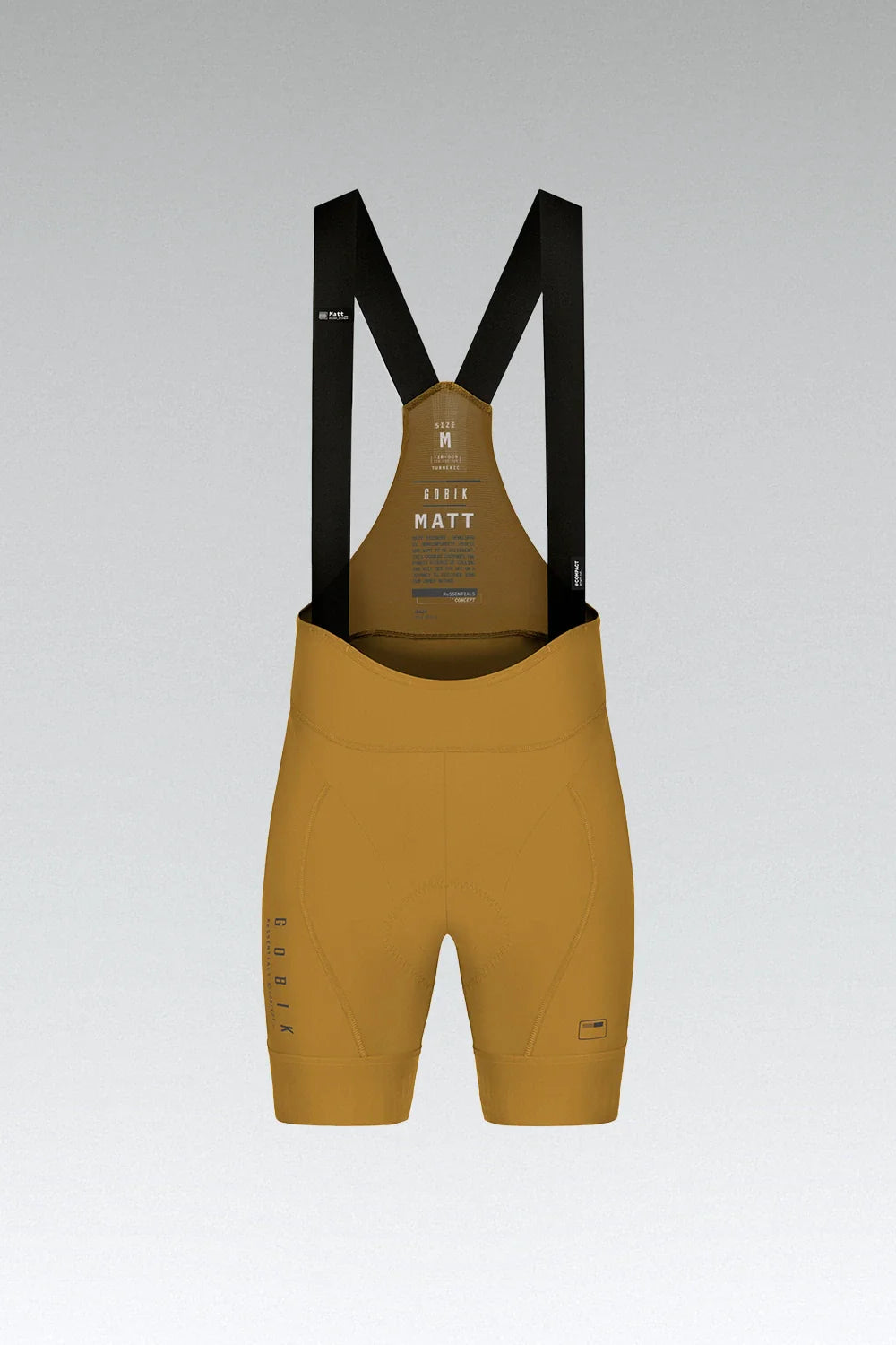 Gobik Matt Compact Men's Bibshorts in turmeric yellow with black shoulder straps on white background
