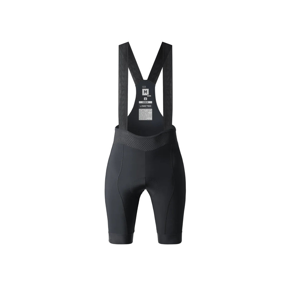 Gobik Limited black cycling bib shorts with suspenders on grey background