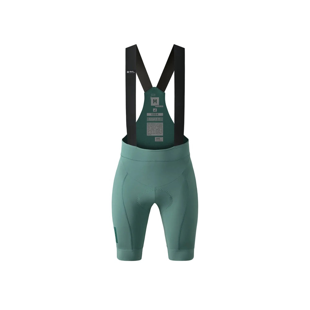 Gobik Matt 2.0 women's cycling bib shorts in sage green with black suspenders