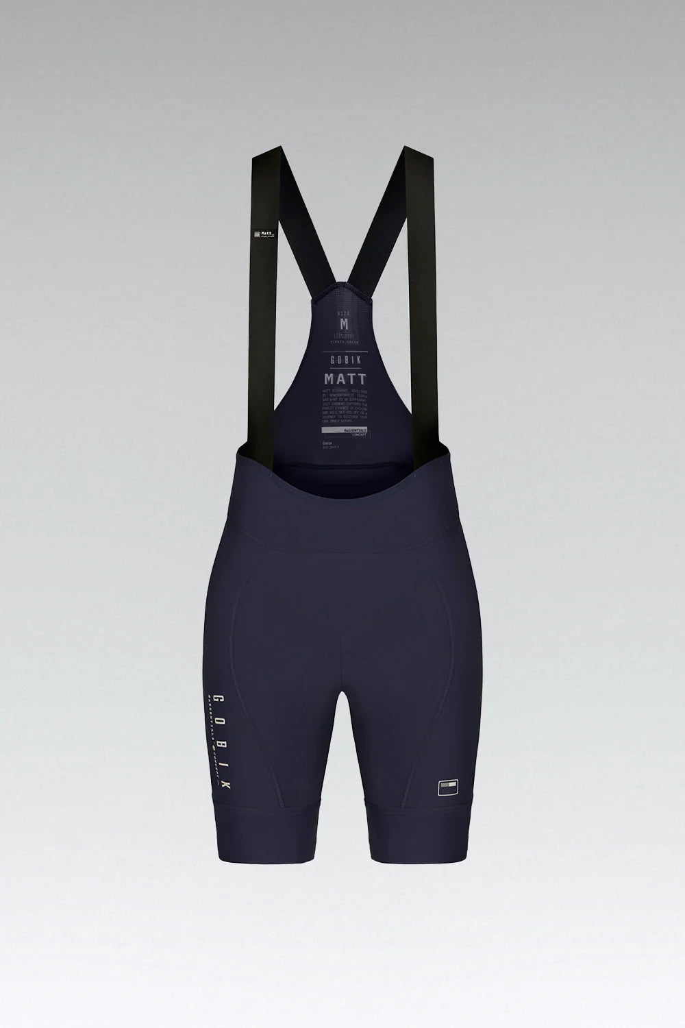 Gobik Matt women's bib shorts in ultrablue with black shoulder straps and professional studio lighting
