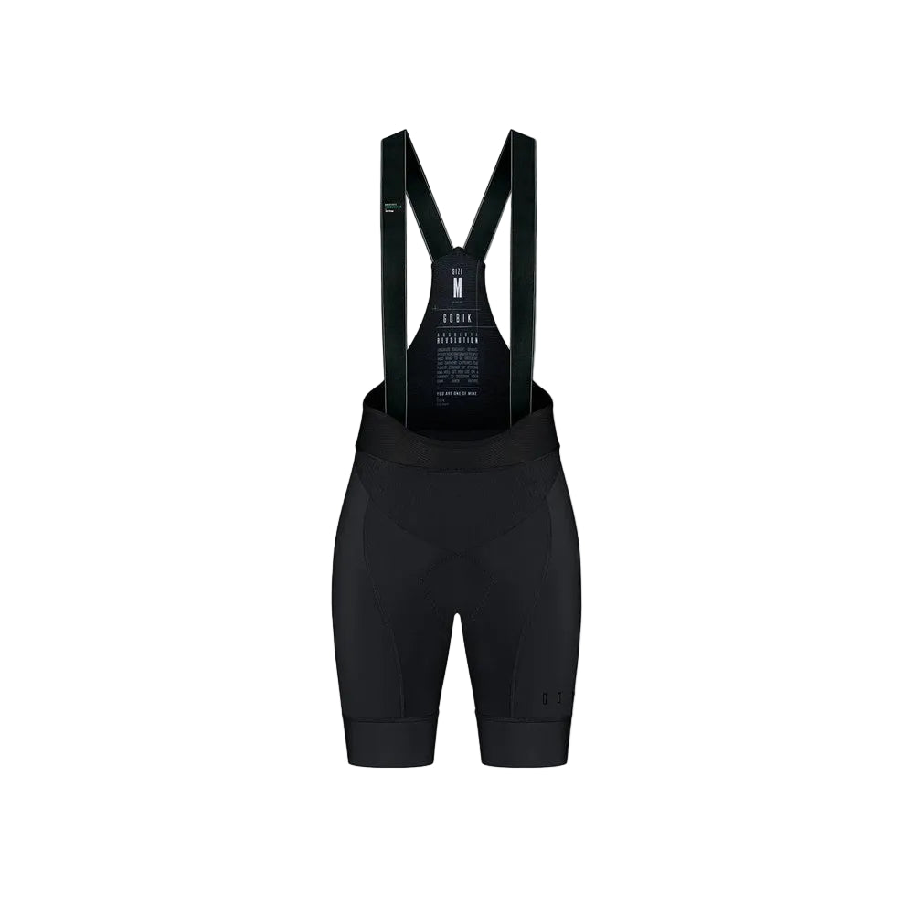 Gobik Revolution women's black cycling bib shorts with suspenders on white background
