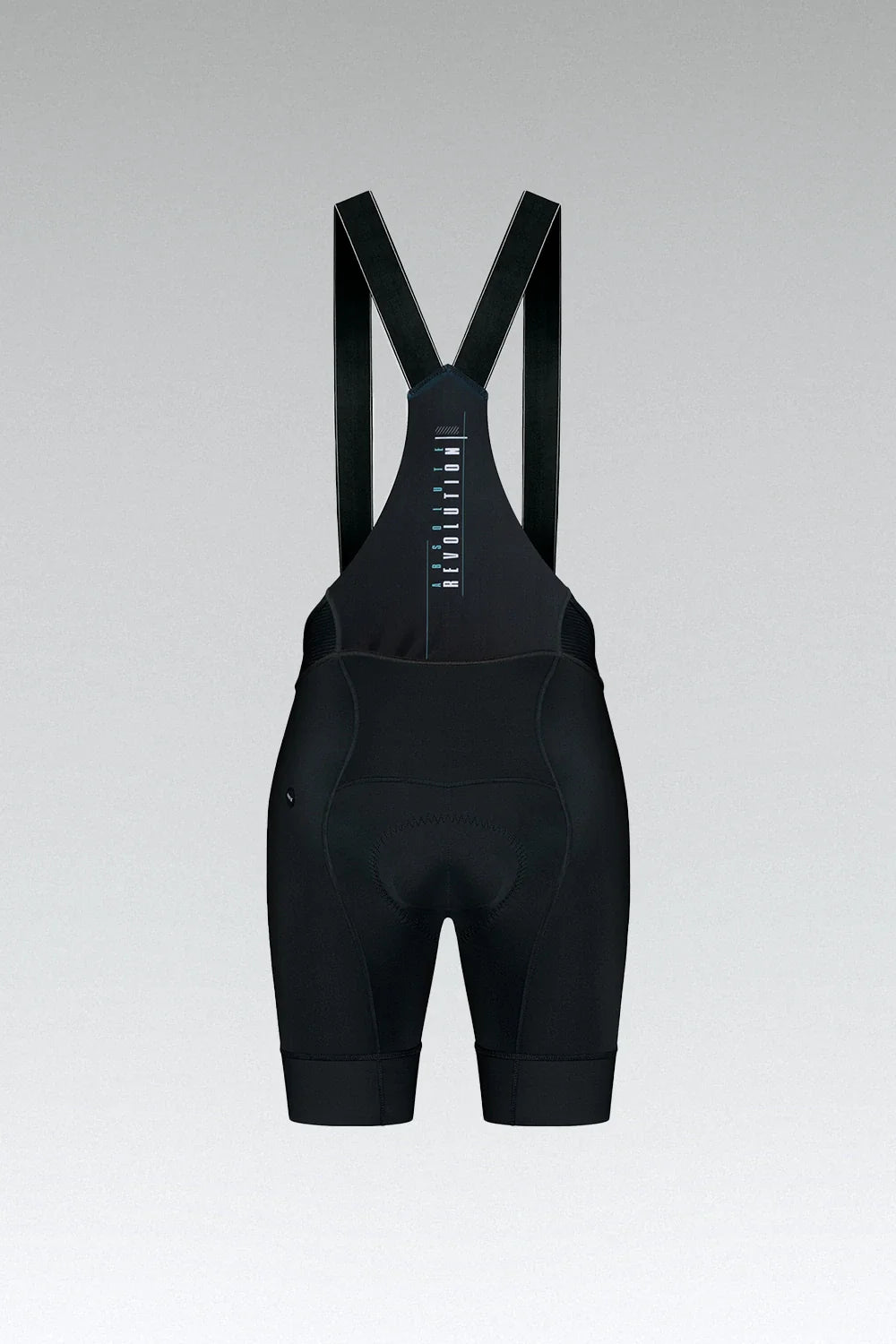 Gobik Revolution women's black cycling bib shorts with suspenders on gray background