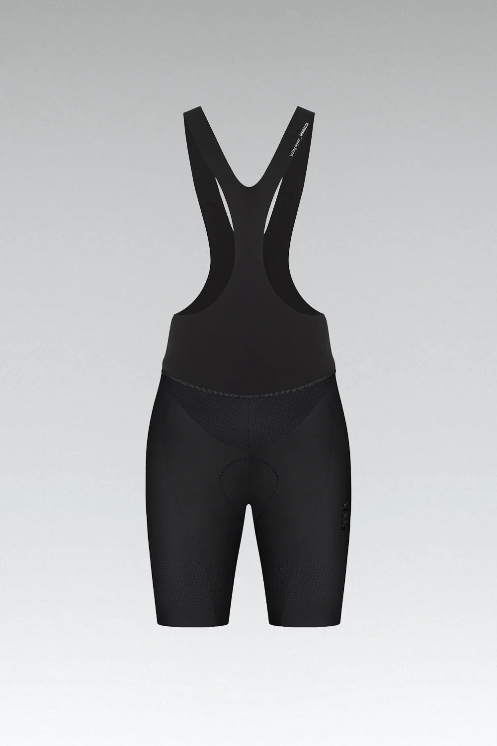 Black Gobik Ultralite women's cycling bib shorts with suspender straps on gray background