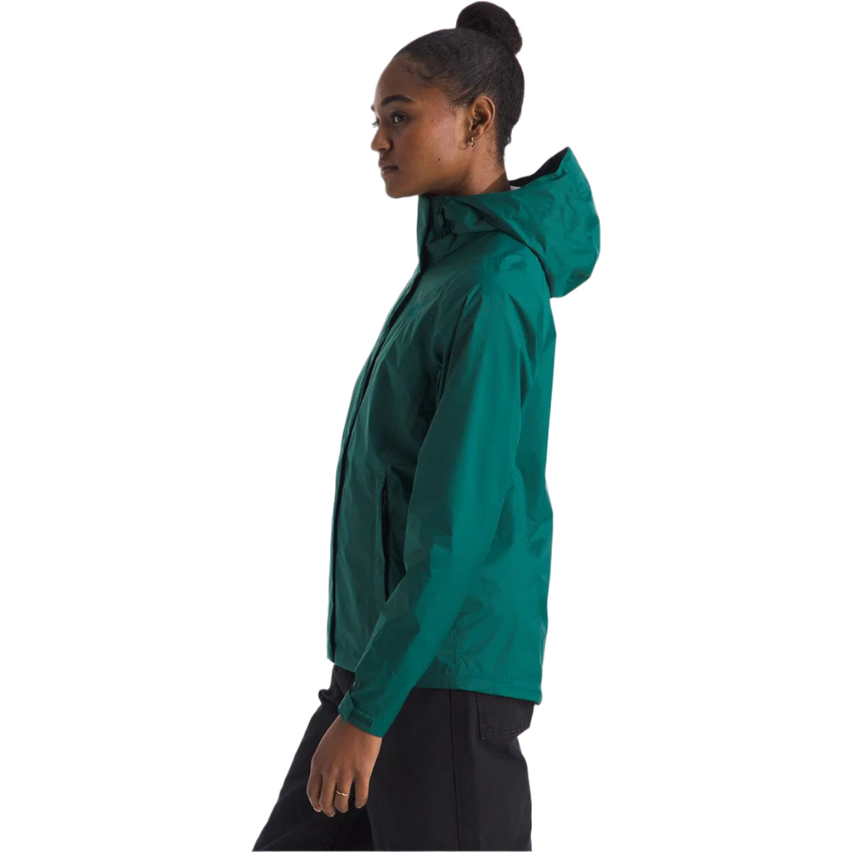 Woman wearing teal North Face Venture 2 jacket with hood, side profile view