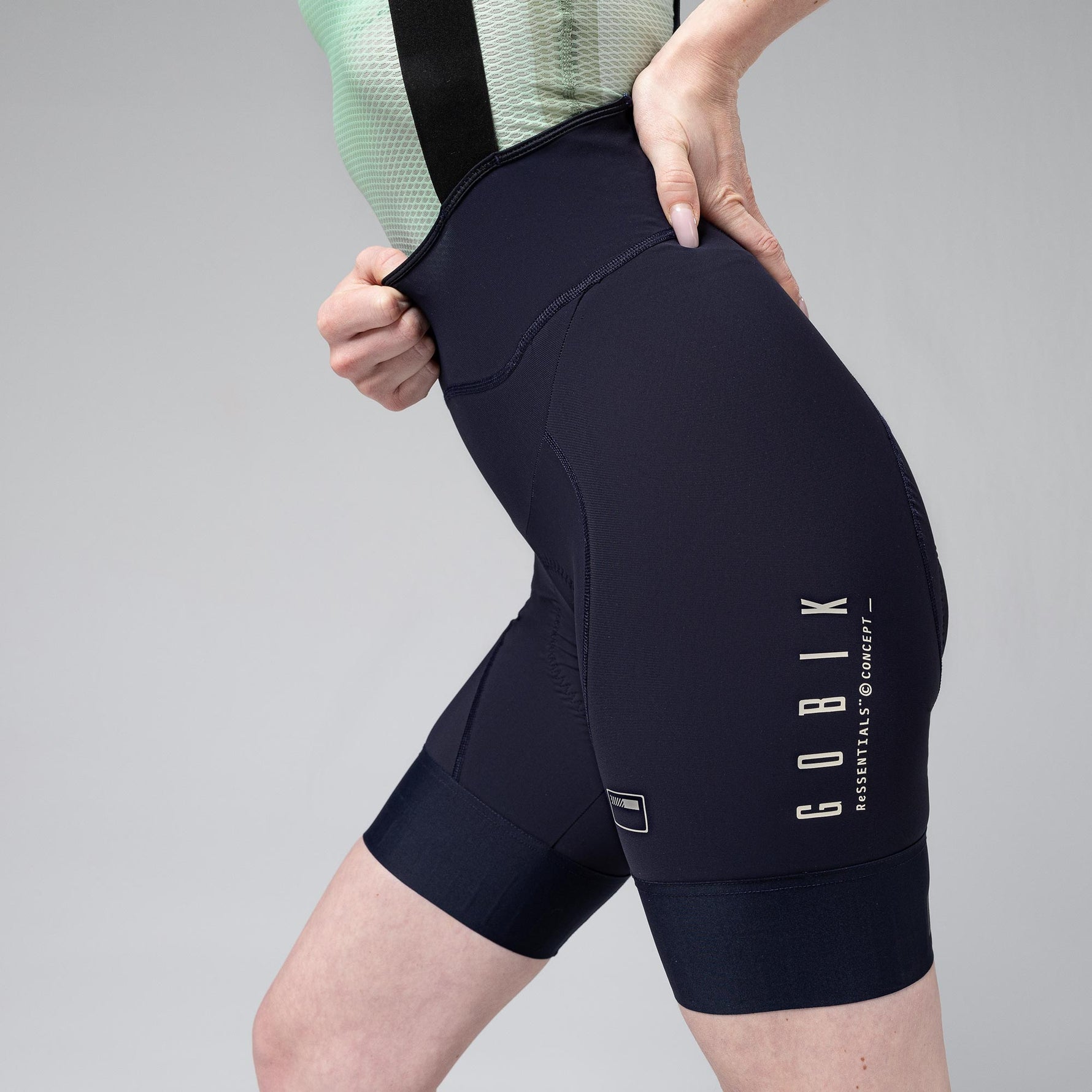 Gobik Matt Women's Bib Shorts in Ultrablue showing detailed side view with logo placement