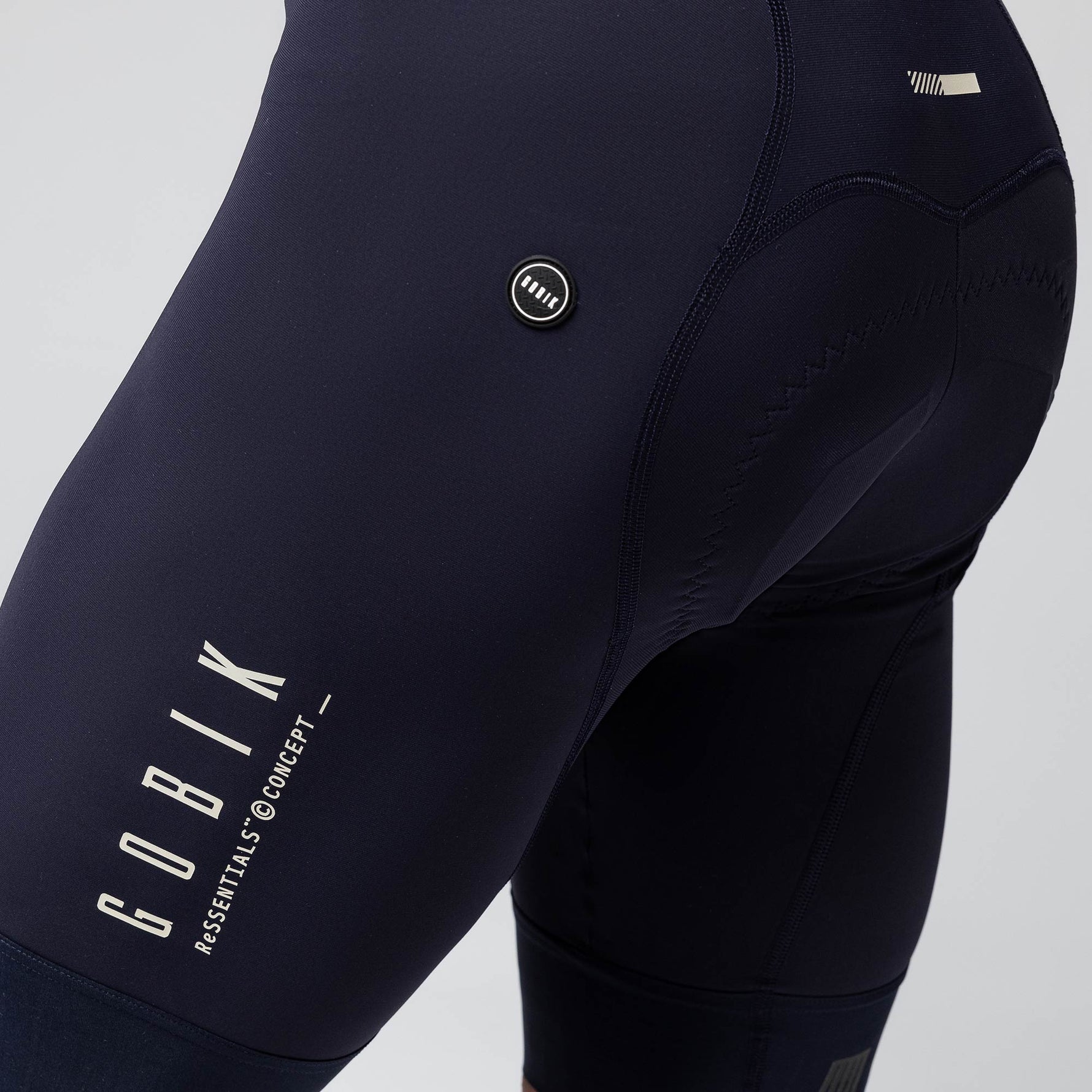 Gobik Matt Compact men's bibshort in ultrablue showing leg gripper detail and side panel