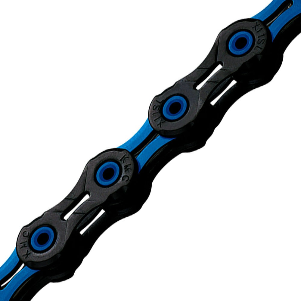 KMC X11SL DLC bicycle chain with black links and blue roller details
