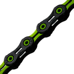KMC X11SL DLC bicycle chain with black links and green roller details