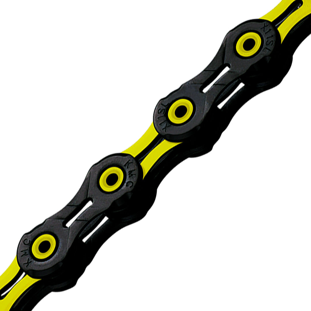 KMC X11SL bicycle chain with black links and yellow accents on white background