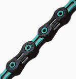 KMC X11SL DLC bicycle chain in black with teal accents on white background