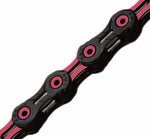 KMC X11SL DLC bicycle chain with black links and pink roller details