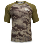 Dakine Dropout short sleeve jersey in Ashcroft Camo with olive green raglan sleeves