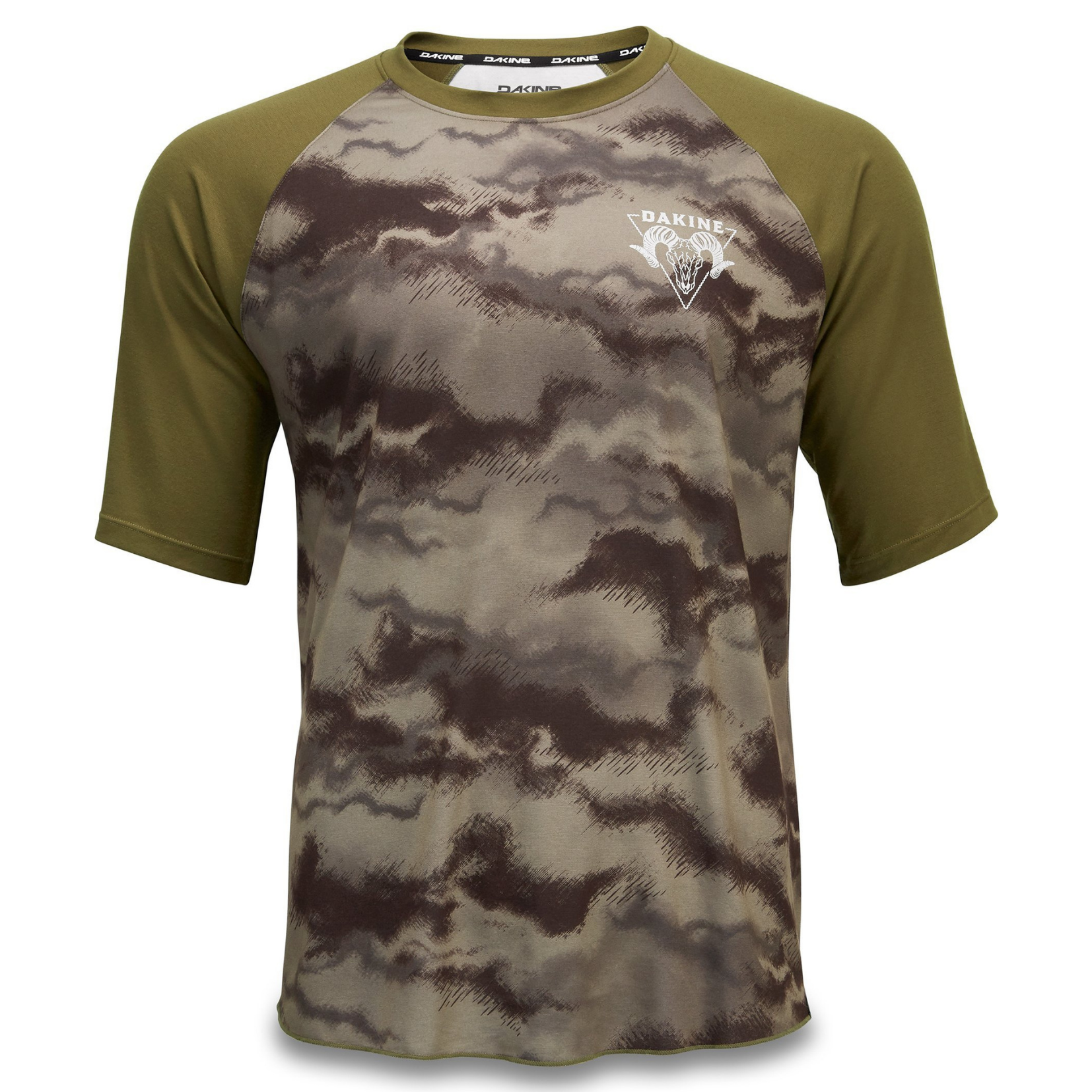 Dakine Dropout short sleeve jersey in Ashcroft Camo with olive green raglan sleeves