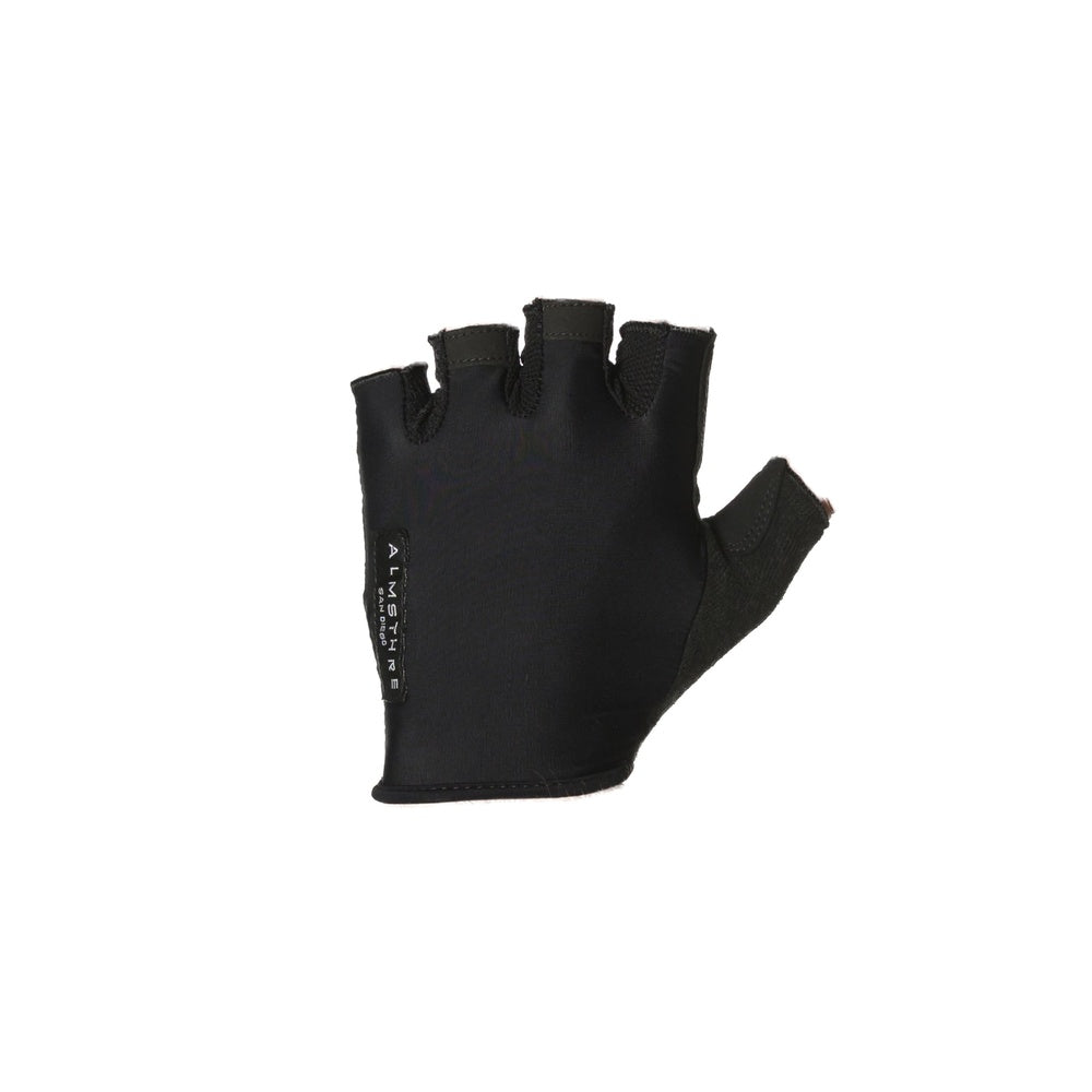 Black fingerless padded cycling glove with ALMSTHRE branding on clean white background