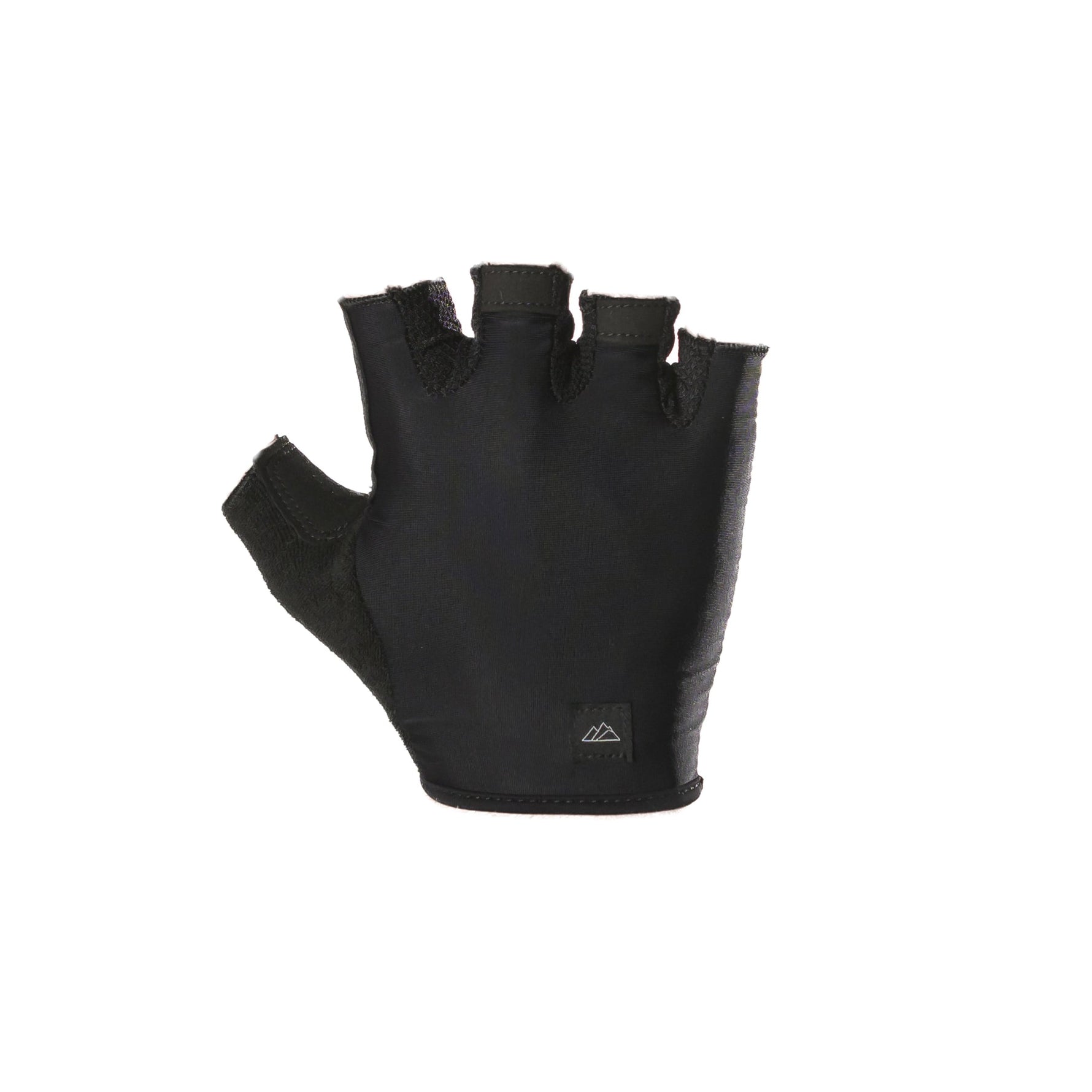 Black fingerless cycling glove with padded palm on white background