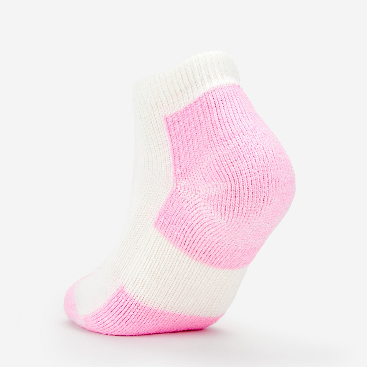 Thorlos Women's white and pink mini crew walking sock shown on foot form