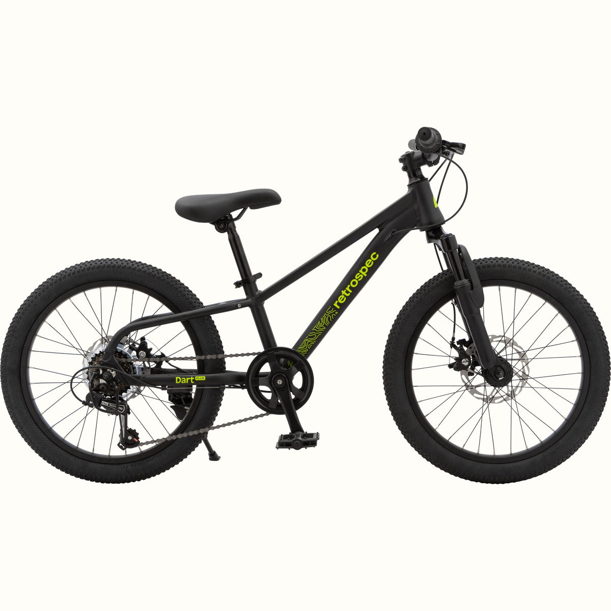 Retrospec Dart Plus 20-inch kids mountain bike in matte black, side profile view on white background