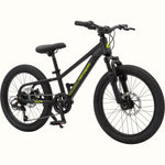 Retrospec Dart Plus 20-inch kids mountain bike in matte black with green accents, angled view