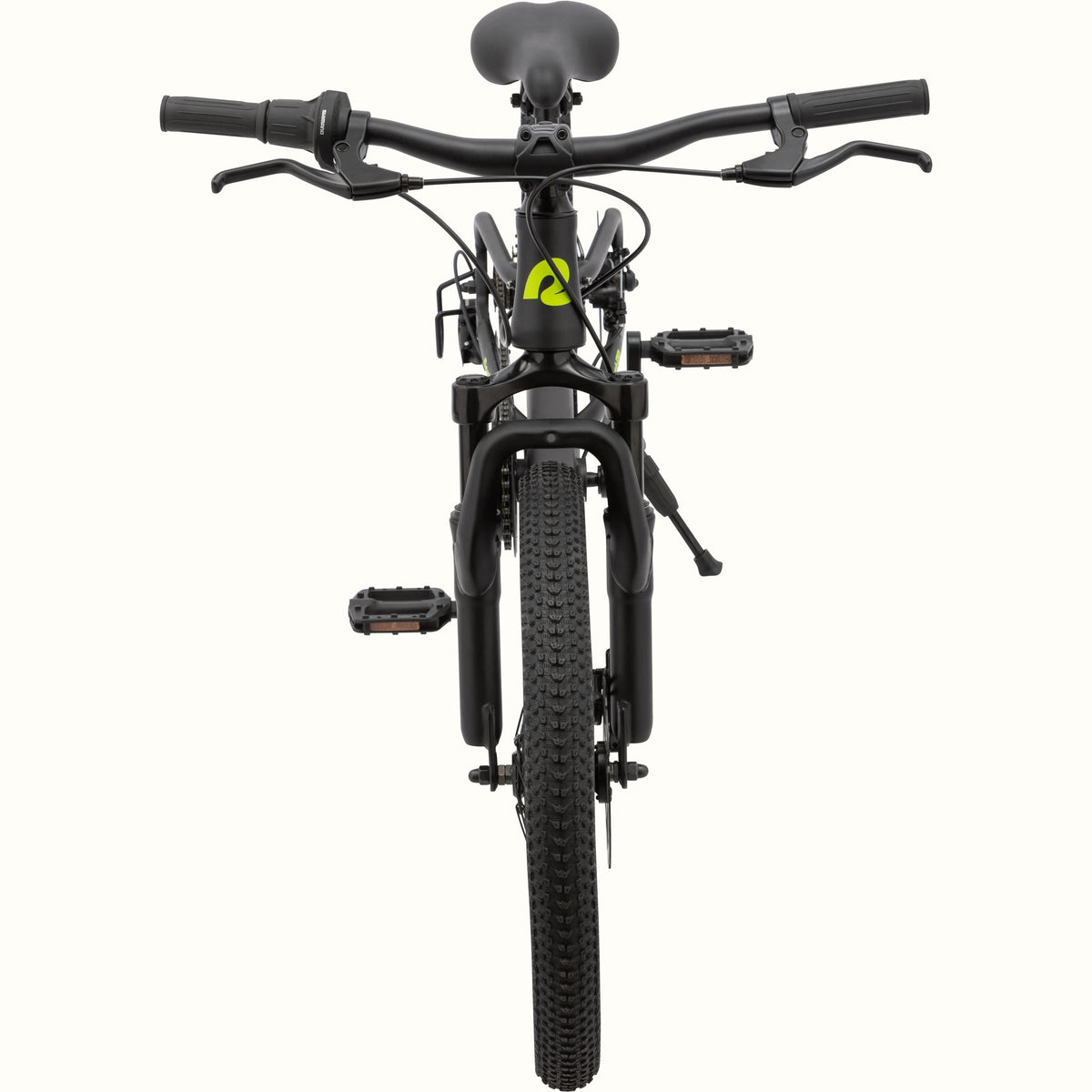 Front view of Retrospec Dart Plus 20-inch kids mountain bike in matte black on white background