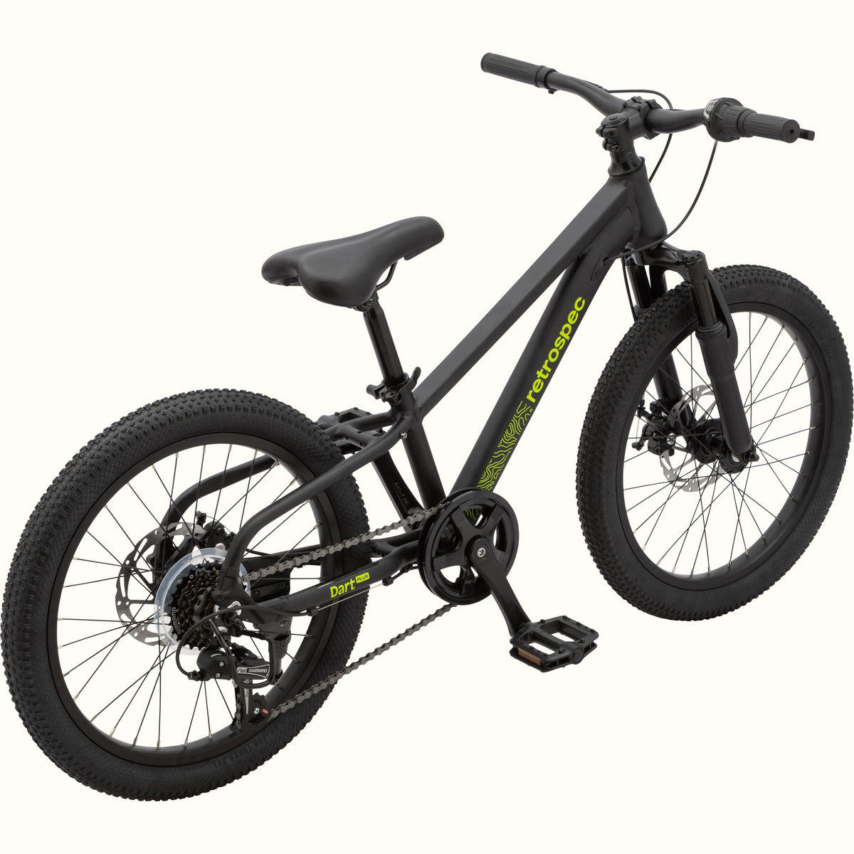 Retrospec Dart Plus 20-inch kids mountain bike matte black, three-quarter rear angle on white background