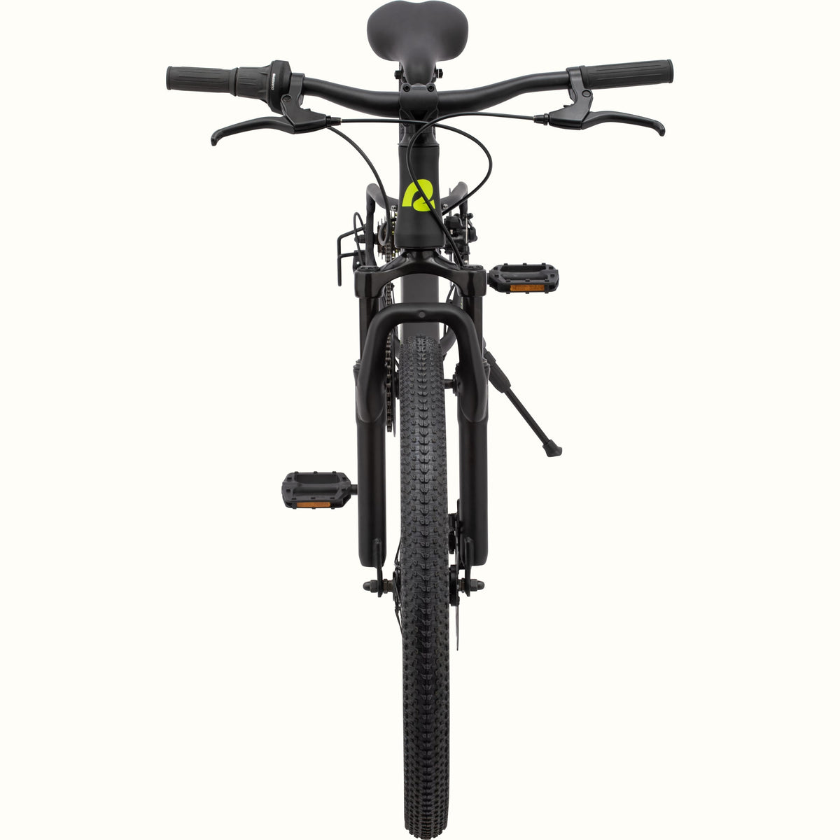 Retrospec Dart Plus kids mountain bike matte black front-facing view showing handlebars and fork