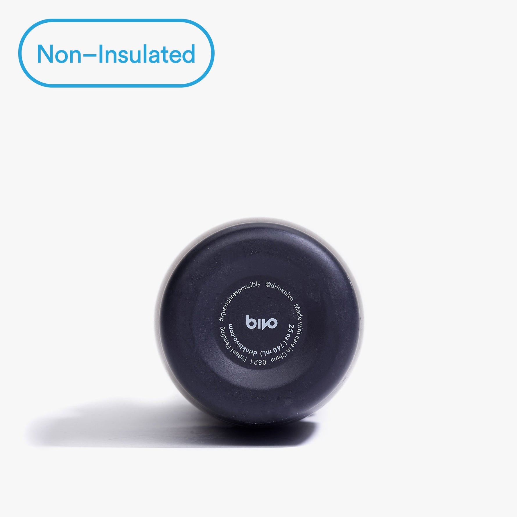 Bottom view of Bivo 25oz black lightweight water bottle showing brand markings