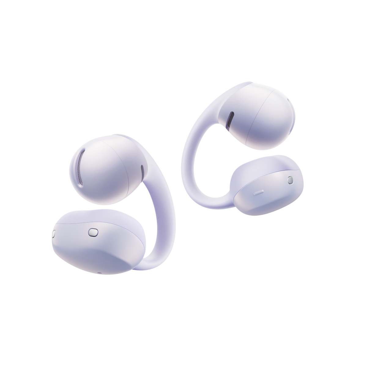 Shokz OpenDots Air true wireless earbuds in light purple lavender colorway, pair shown