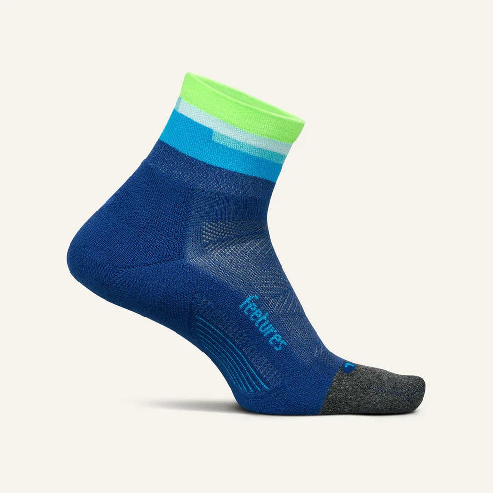 Feetures Elite Ultra Light Quarter sock in blue with striped cuff
