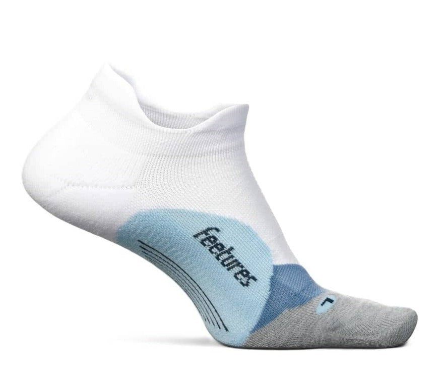Feetures Elite Light Cushion Tab running sock in white with tech blue accents