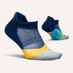 Feetures Elite Light Cushion Tab socks in navy blue with colorful striped design