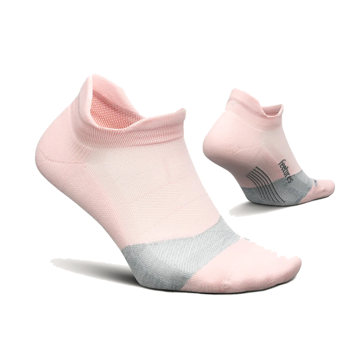 Feetures Elite Max Cushion Tab running socks in light pink with gray accents