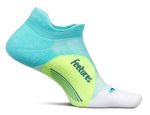 Feetures Elite Light Cushion Tab sock in turquoise blue with lime green heel