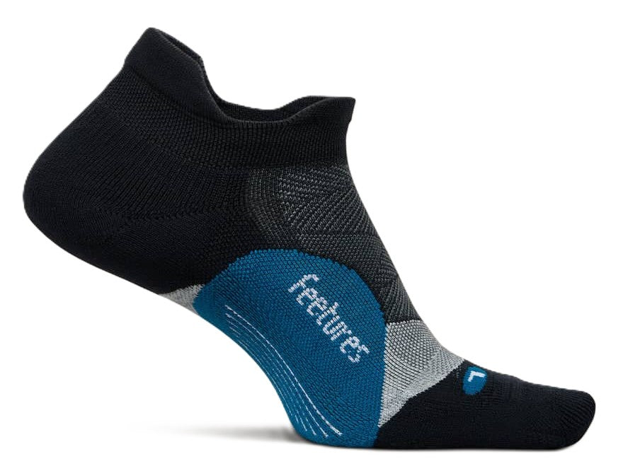 Feetures Elite Light Cushion Tab running sock in black with blue panel