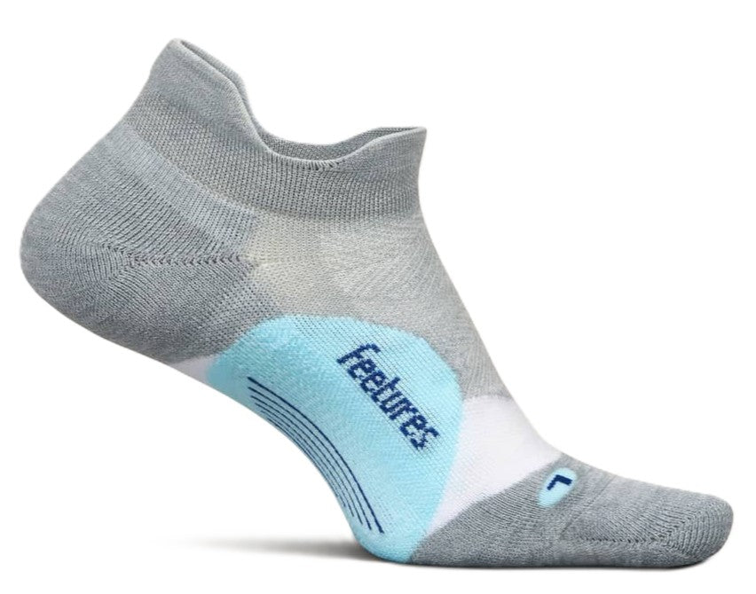 Feetures Elite Light Cushion Tab running sock in gray with light blue accents