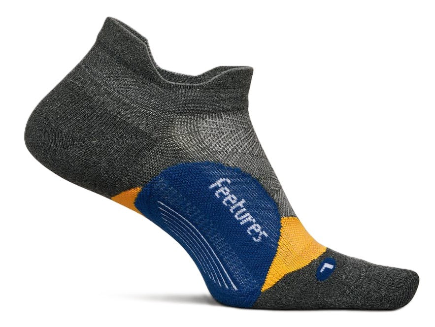 Feetures Elite Light Cushion Tab running sock in gray with blue heel